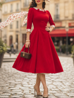 1950s Retro Red 3/4 Sleeve Fit-and-Flare Midi Dress