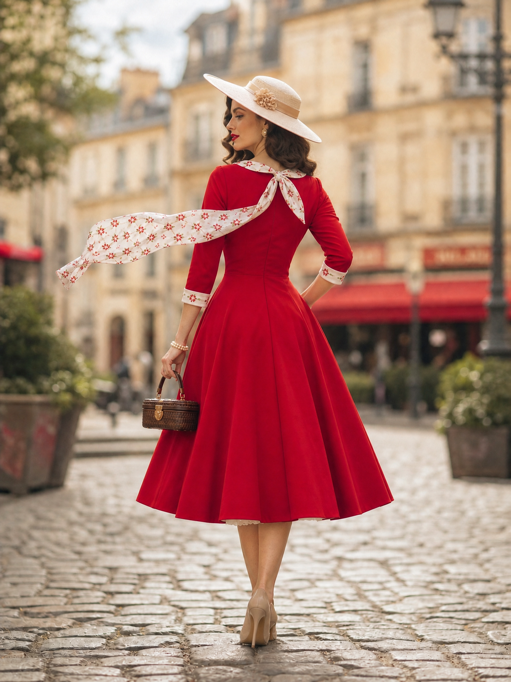 1950s Retro Red 3/4 Sleeve Fit-and-Flare Midi Dress