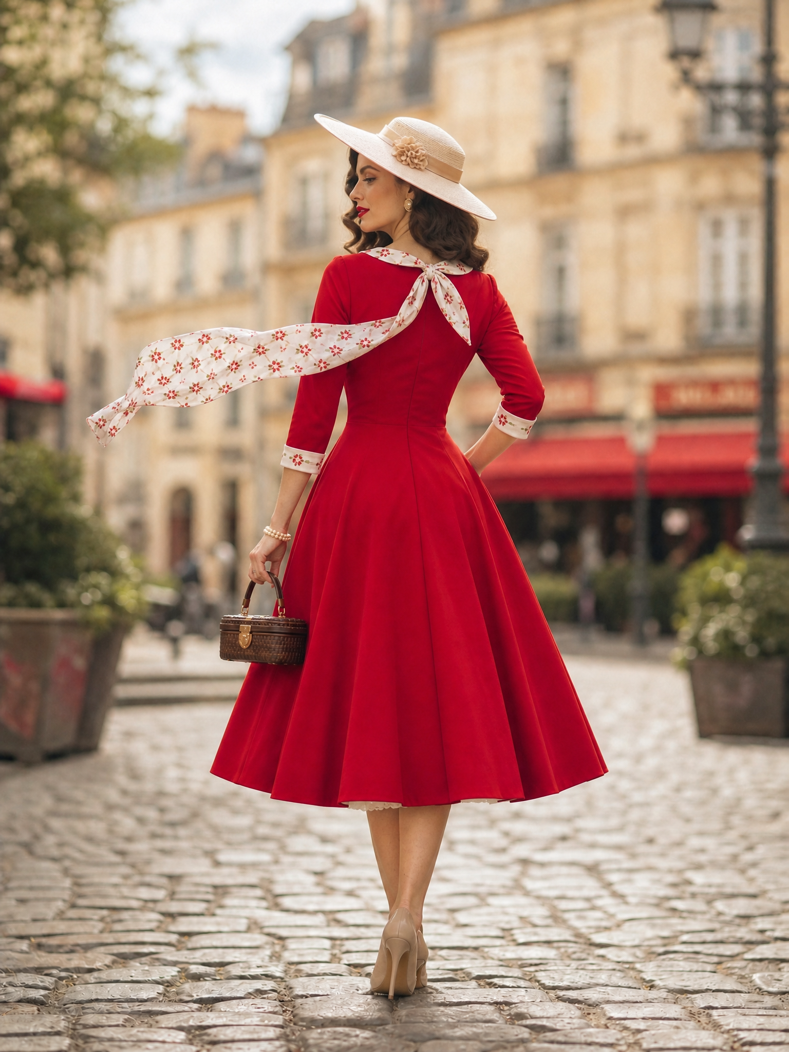 1950s Retro Red 3/4 Sleeve Fit-and-Flare Midi Dress