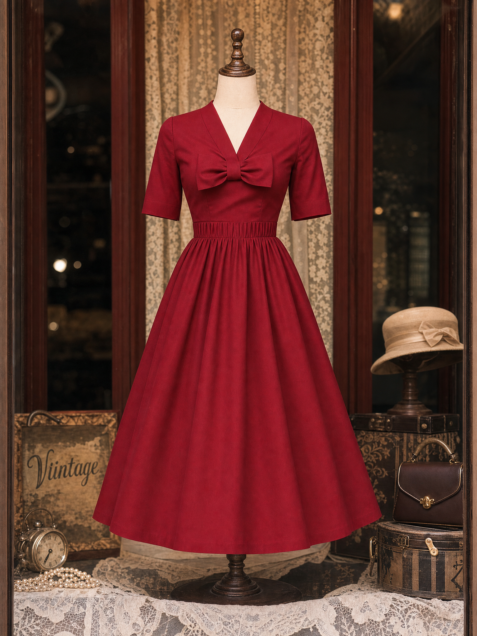 Vintage V Neck Bow Pleat Midi Dress