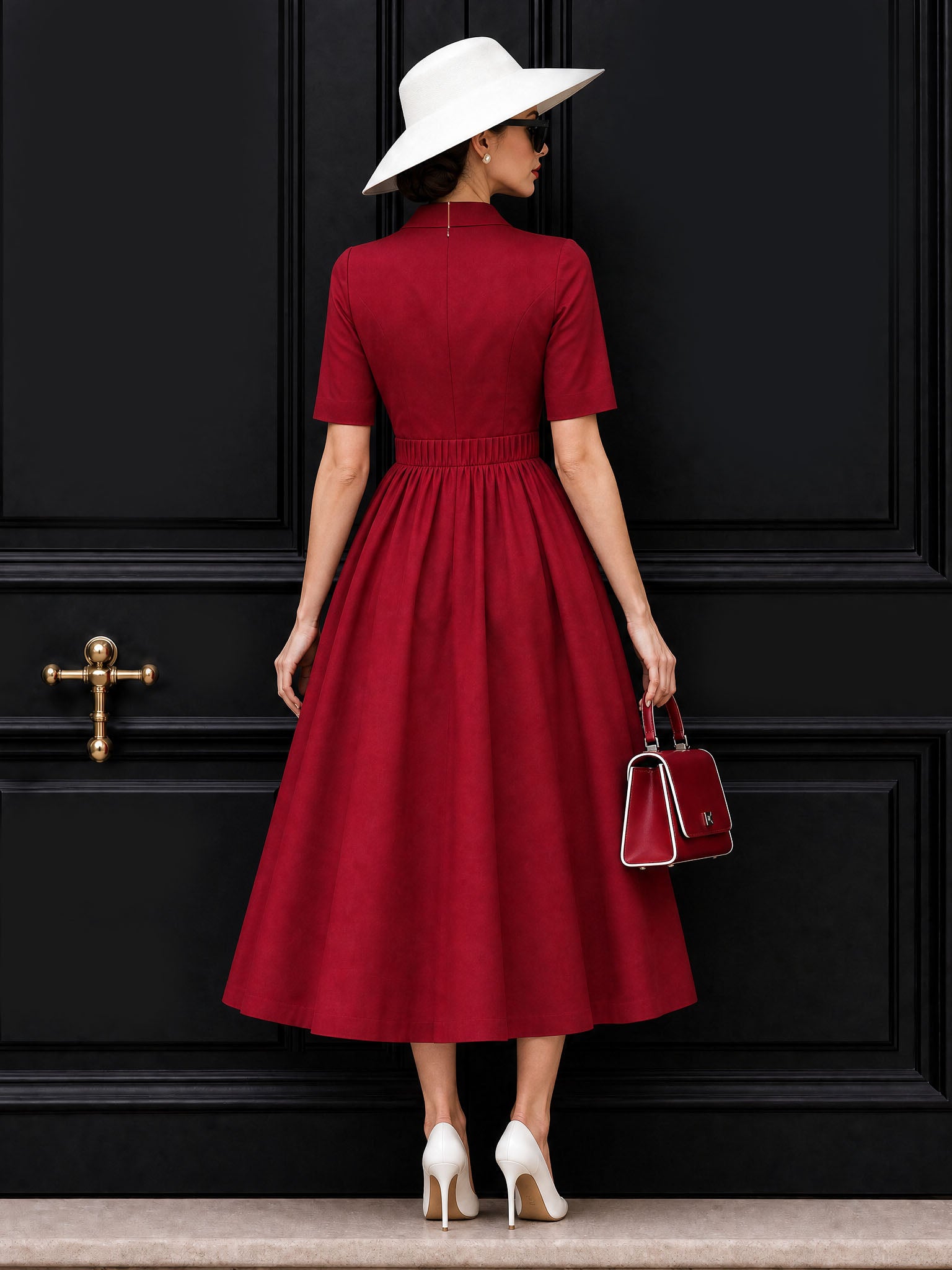 Vintage V Neck Bow Pleat Midi Dress