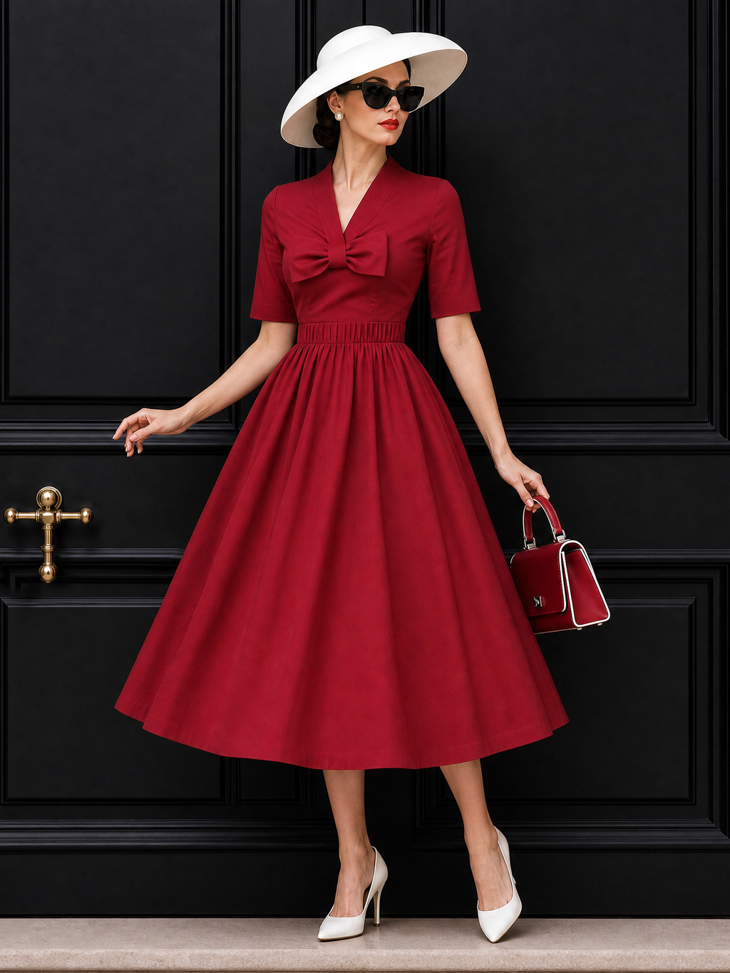 Vintage V Neck Bow Pleat Midi Dress