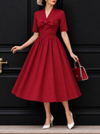 Vintage V Neck Bow Pleat Midi Dress