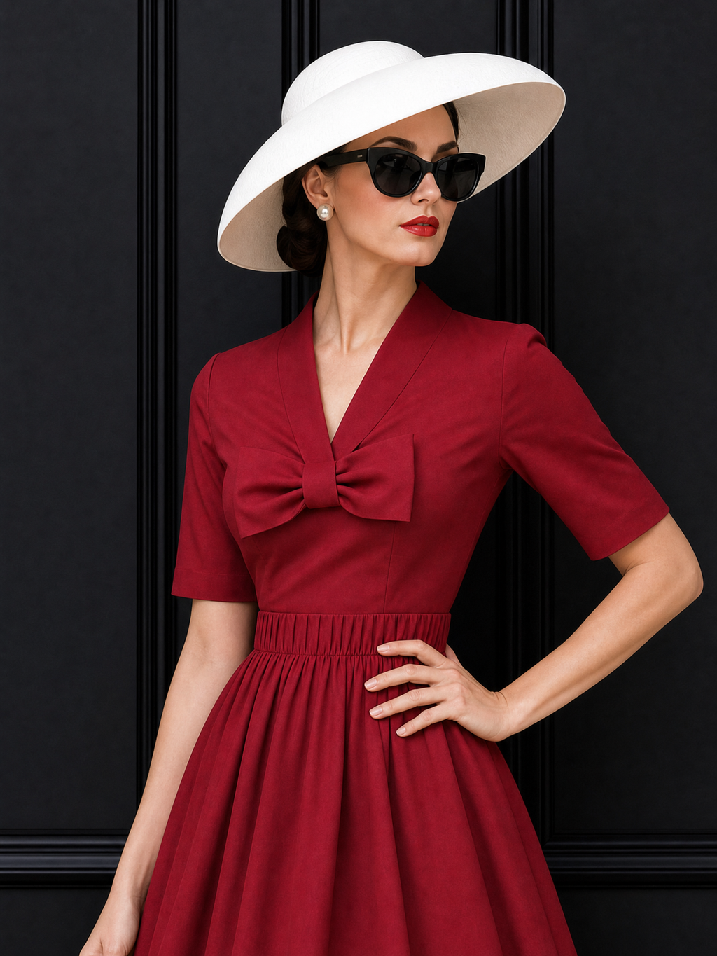 Vintage V Neck Bow Pleat Midi Dress
