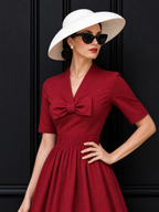 Vintage V Neck Bow Pleat Midi Dress