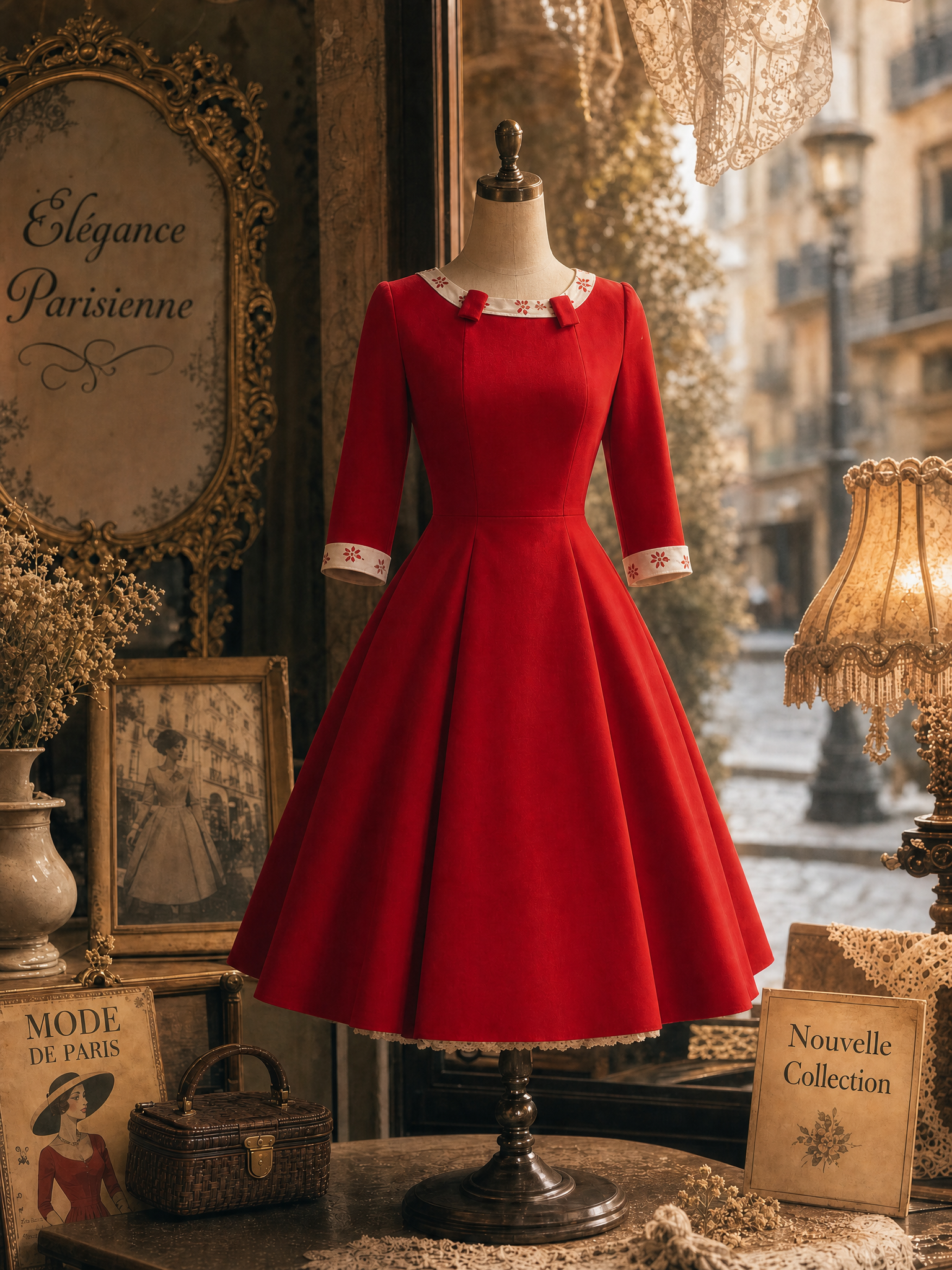 1950s Retro Red 3/4 Sleeve Fit-and-Flare Midi Dress