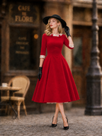 1950s Retro Red 3/4 Sleeve Fit-and-Flare Midi Dress