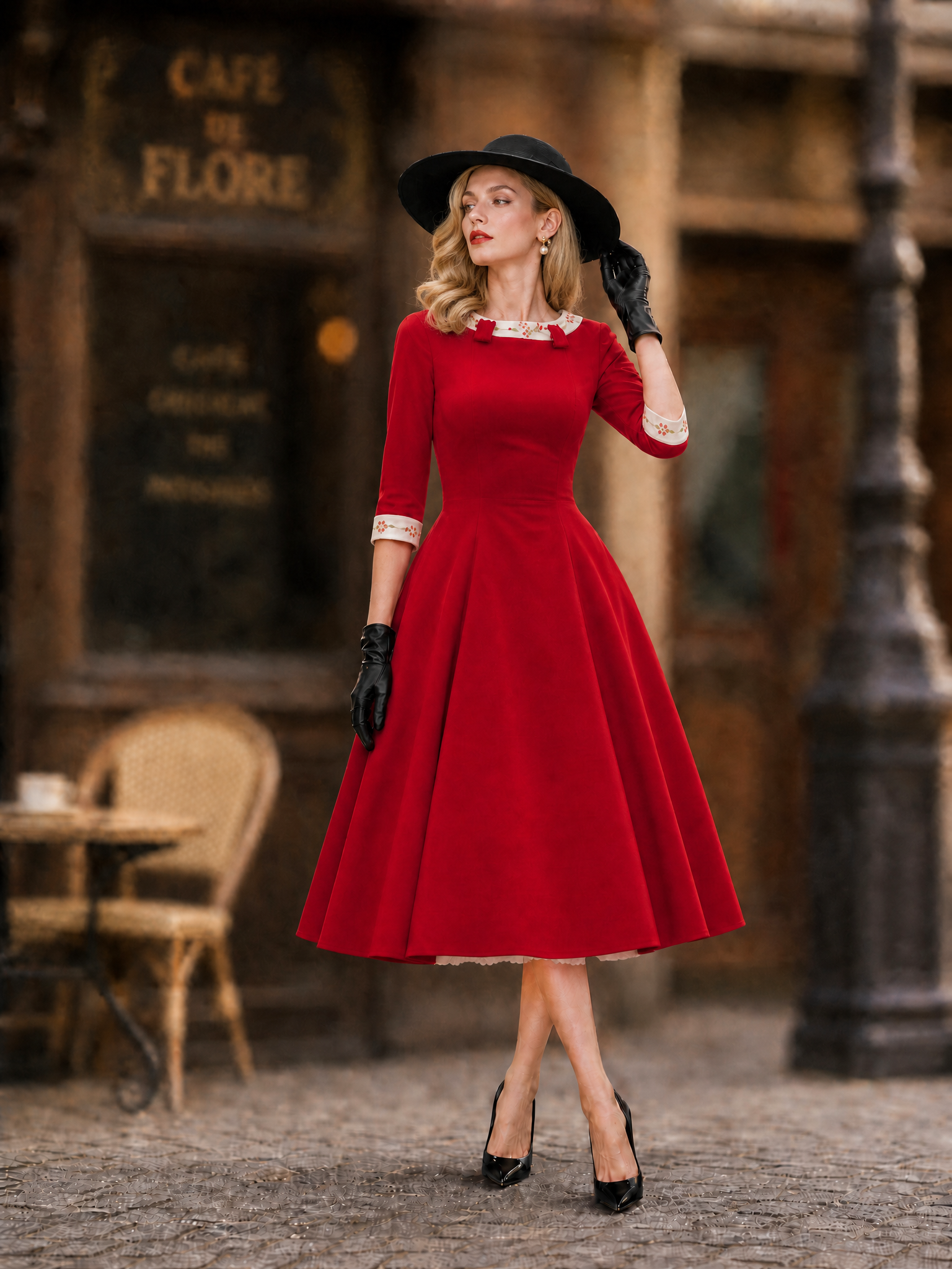 1950s Retro Red 3/4 Sleeve Fit-and-Flare Midi Dress
