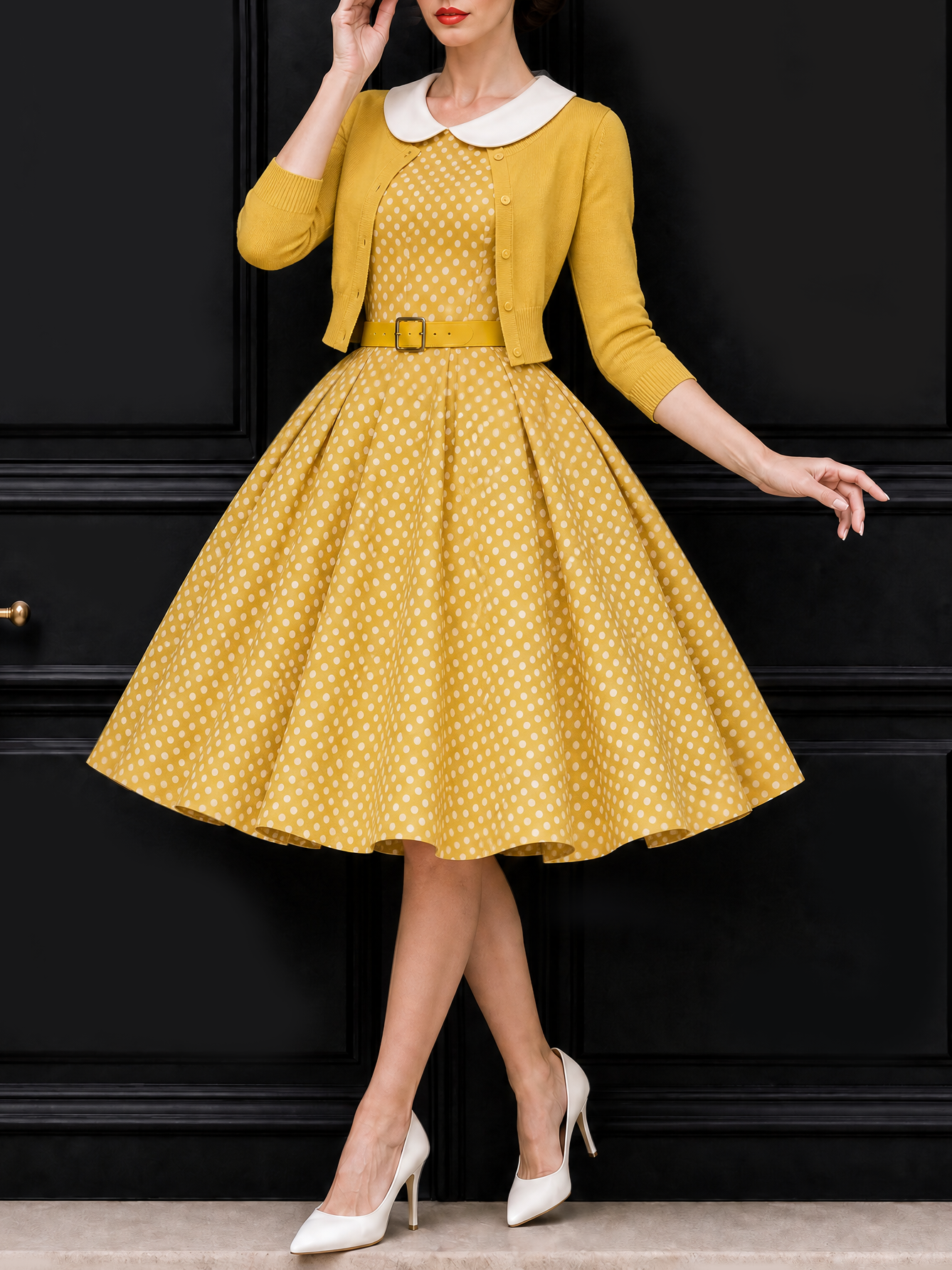 Vintage Polka Dot Swing Skirt & Cardigan Set