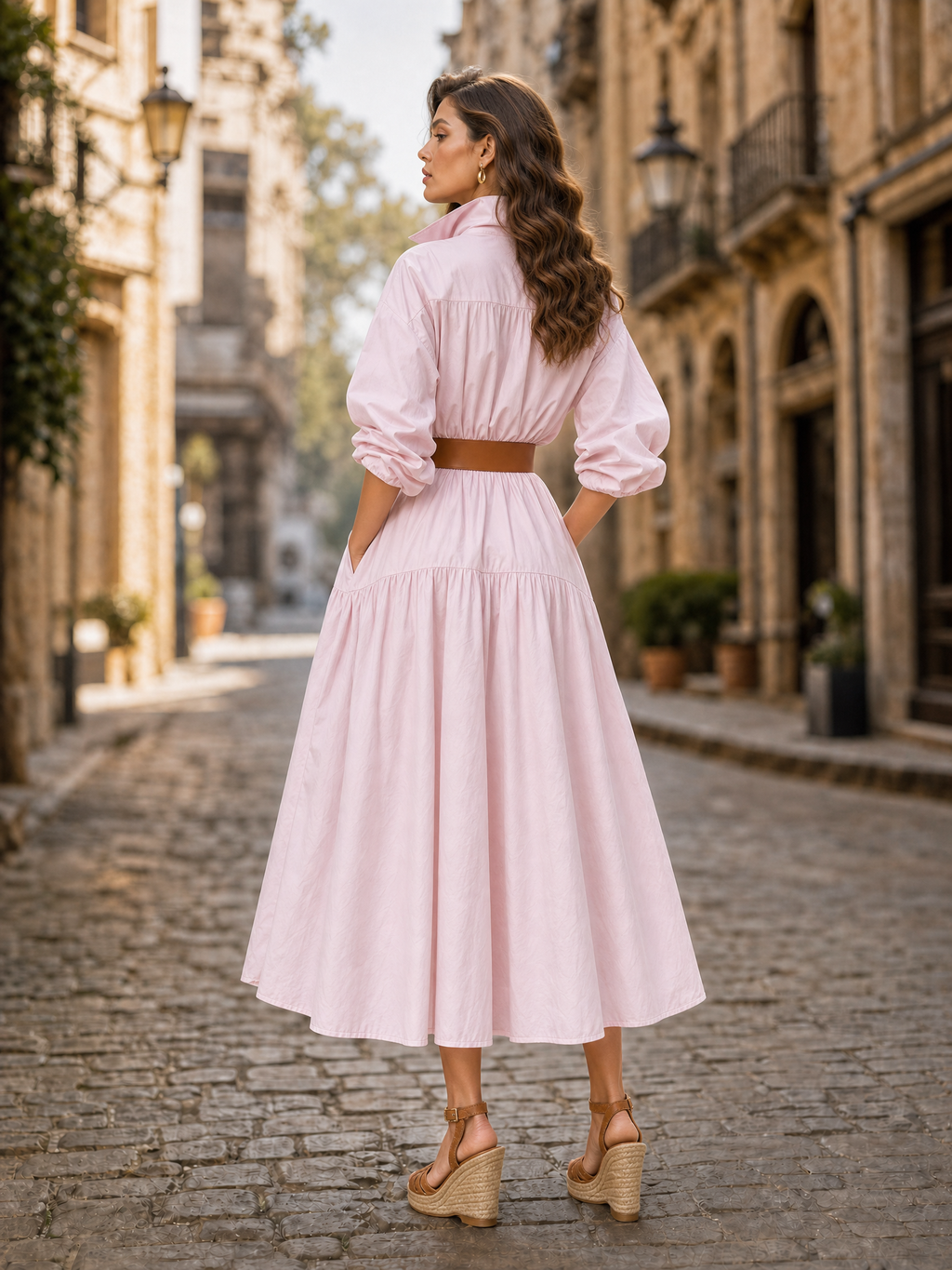 Vintage Blush Cotton Belted Midi Shirt Dress