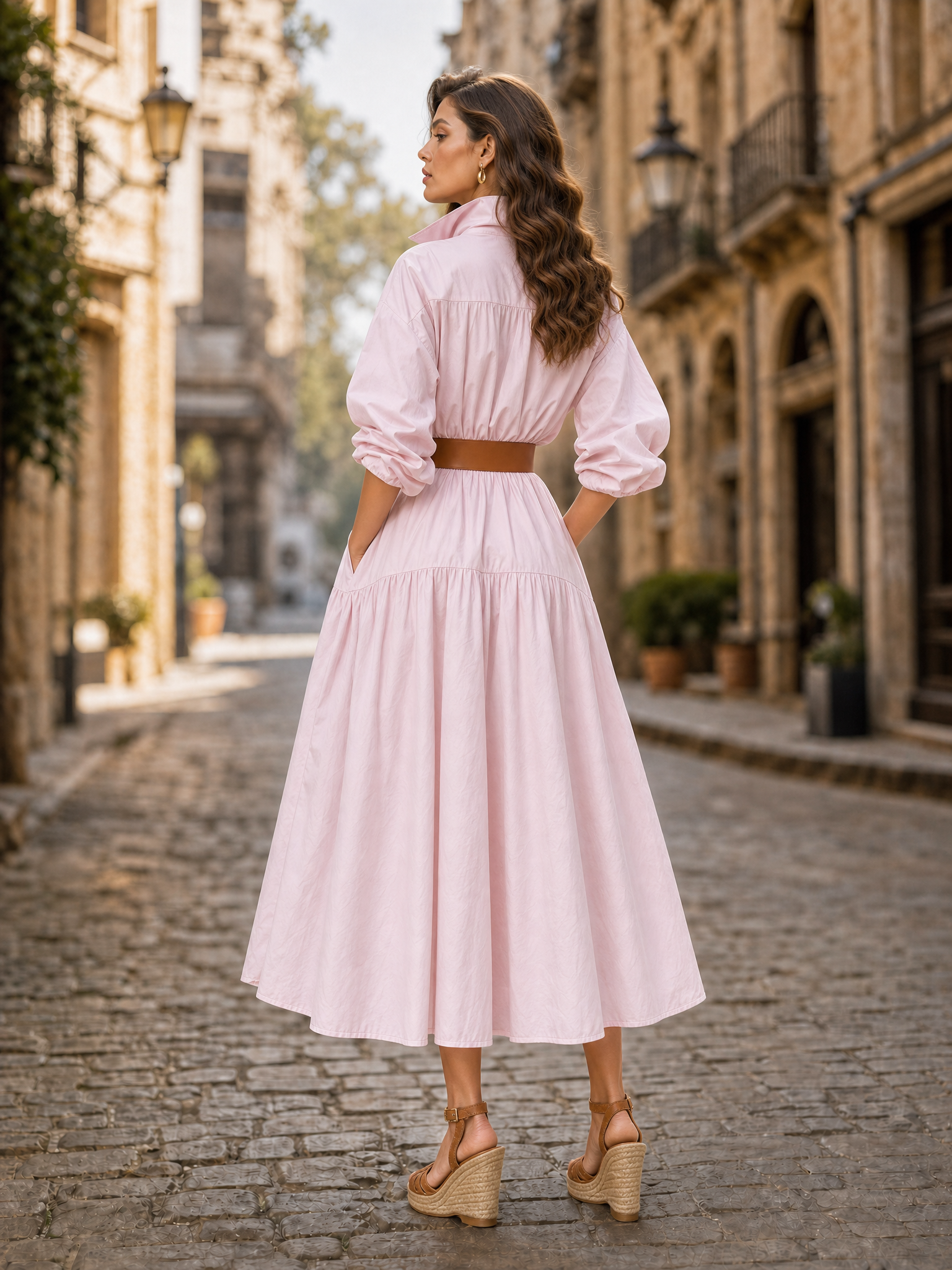 Vintage Blush Cotton Belted Midi Shirt Dress