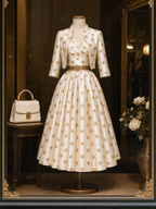 Vintage Gold Foil Polka Dot Swing Skirt & Blazer Set