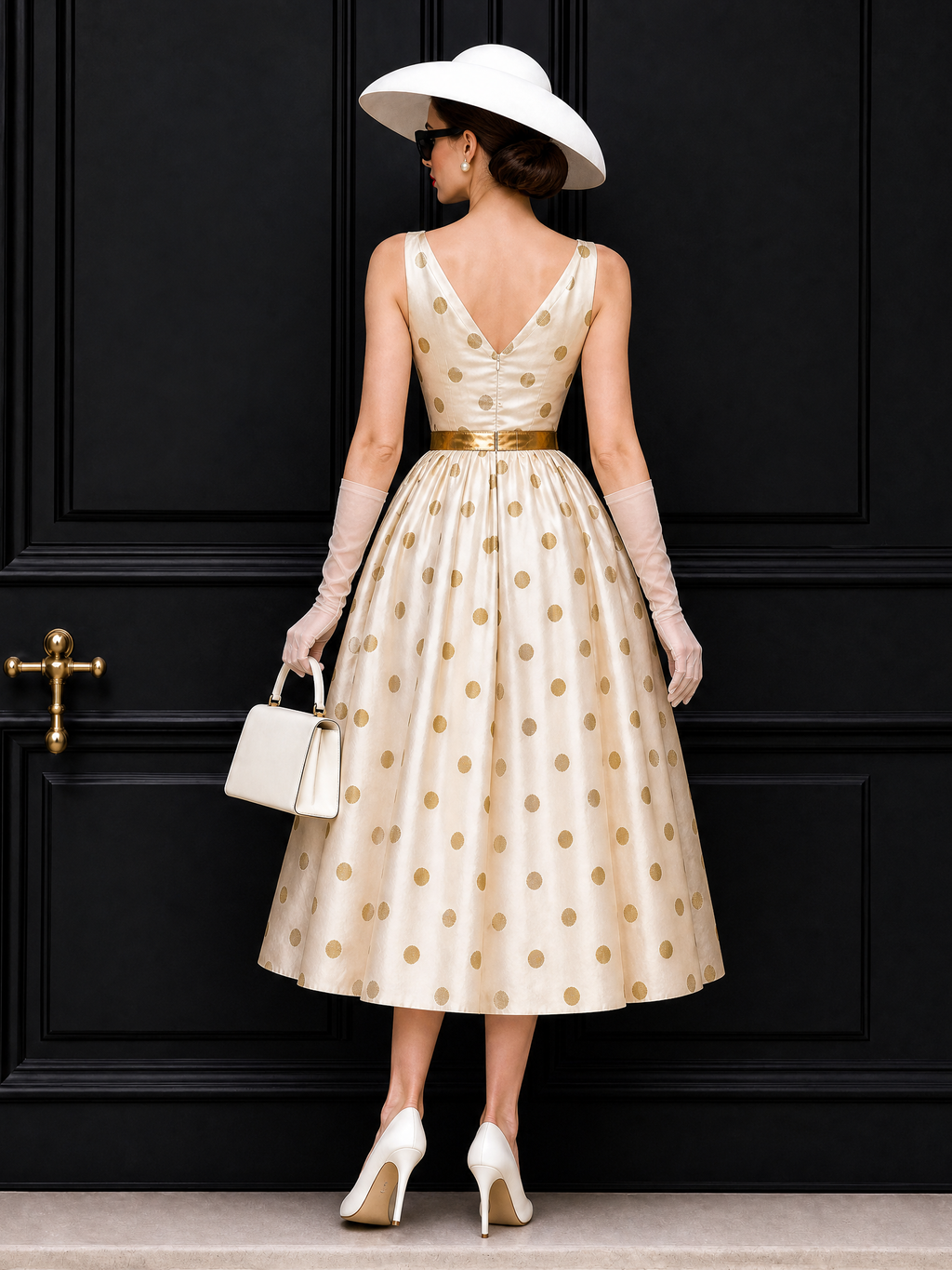 Vintage Gold Foil Polka Dot Swing Skirt & Blazer Set
