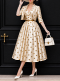 Vintage Gold Foil Polka Dot Swing Skirt & Blazer Set