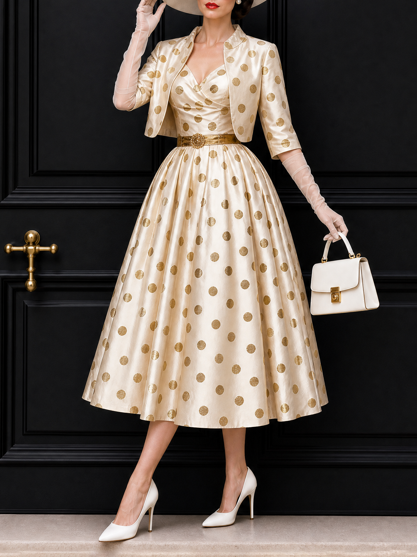 Vintage Gold Foil Polka Dot Swing Skirt & Blazer Set