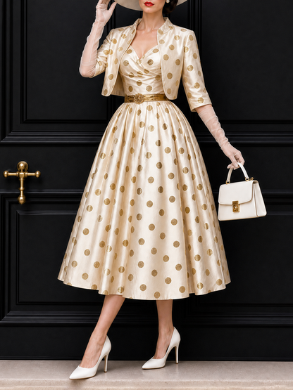 Vintage Gold Foil Polka Dot Swing Skirt & Blazer Set