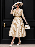Vintage Gold Foil Polka Dot Swing Skirt & Blazer Set