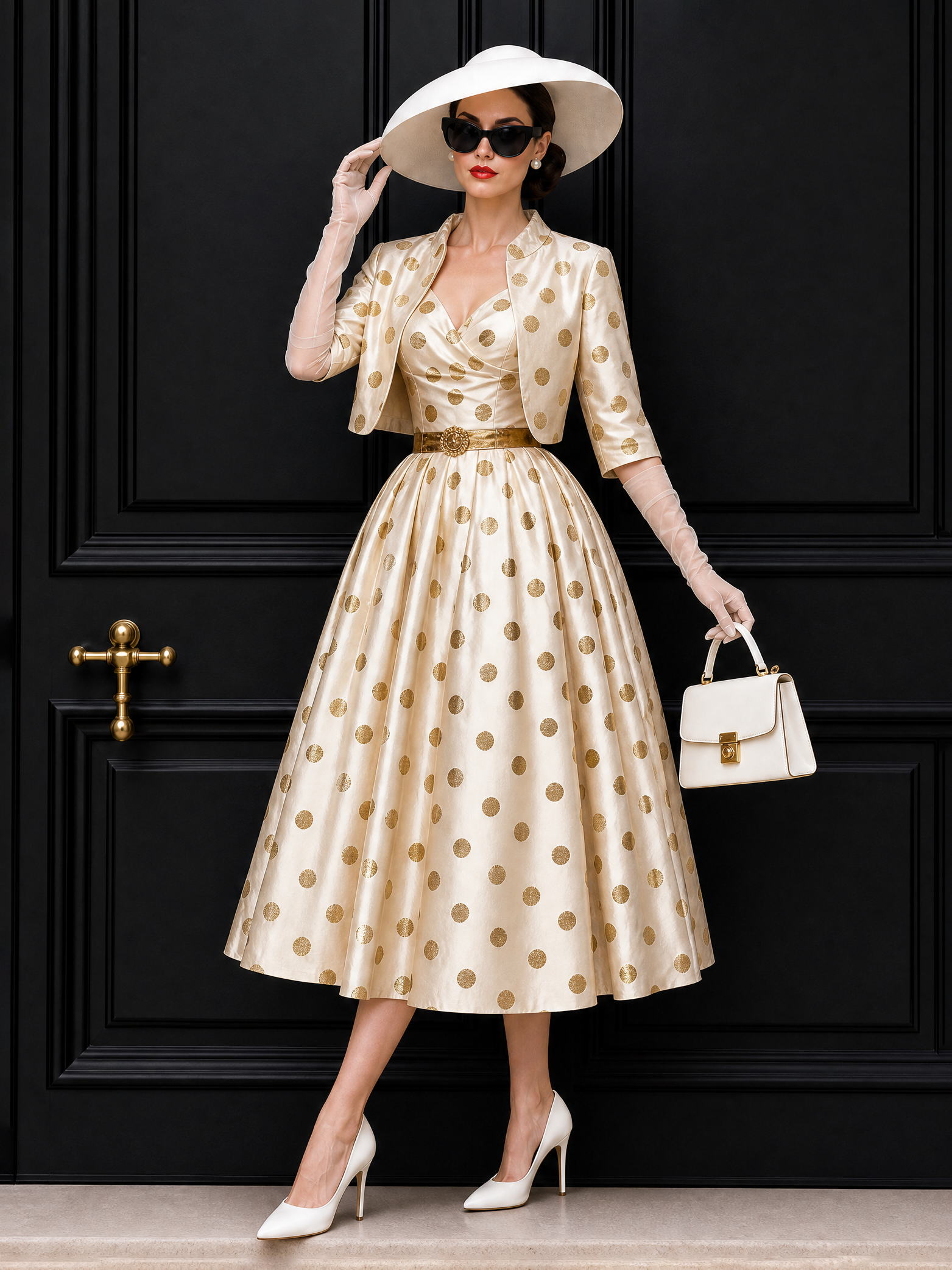 Vintage Gold Foil Polka Dot Swing Skirt & Blazer Set