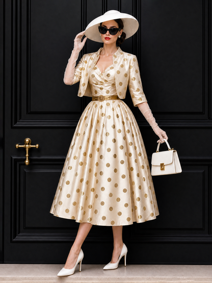 Vintage Gold Foil Polka Dot Swing Skirt & Blazer Set