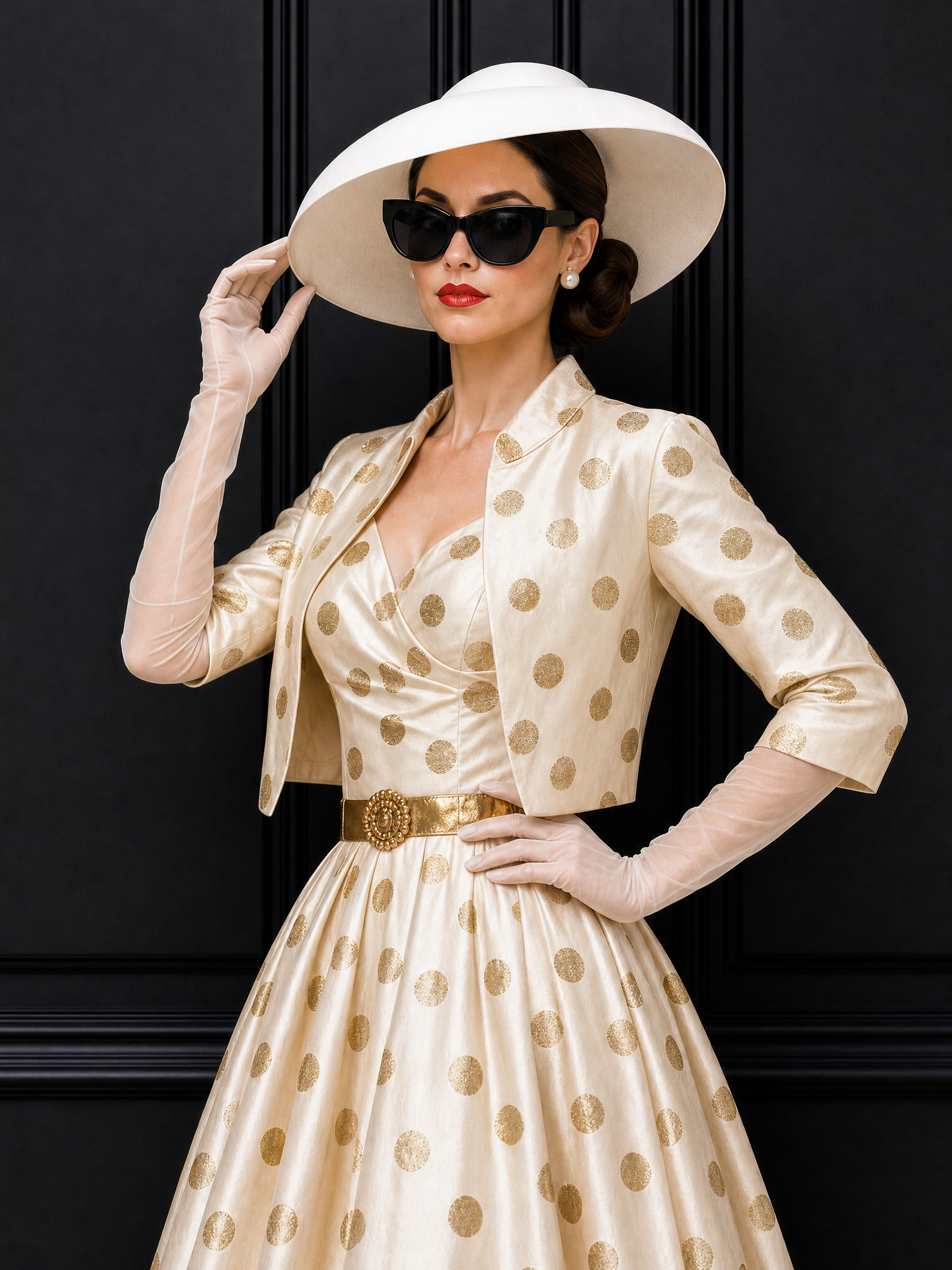 Vintage Gold Foil Polka Dot Swing Skirt & Blazer Set