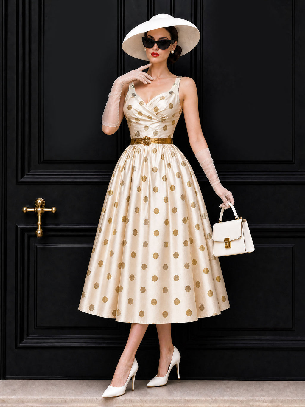 Vintage Gold Foil Polka Dot Swing Skirt & Blazer Set
