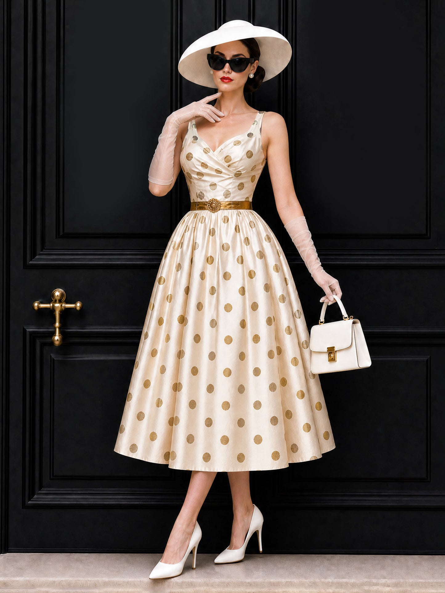 Vintage Gold Foil Polka Dot Swing Skirt & Blazer Set