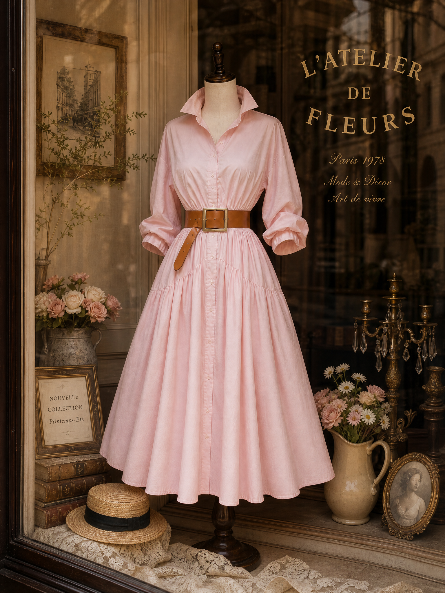 Vintage Blush Cotton Belted Midi Shirt Dress