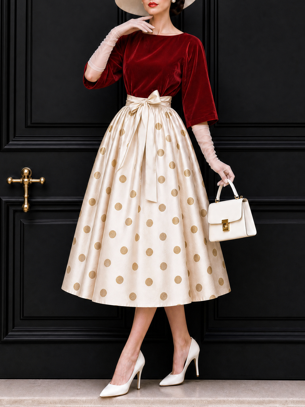Vintage Polka Dot Velvet Panel Midi Dress