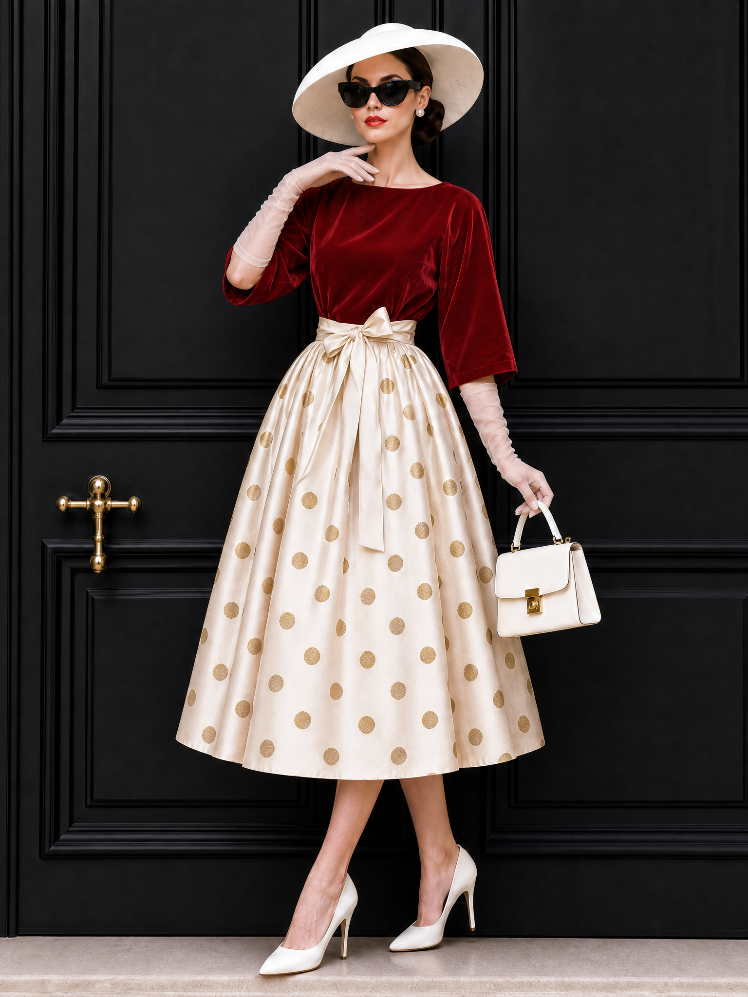 Vintage Polka Dot Velvet Panel Midi Dress