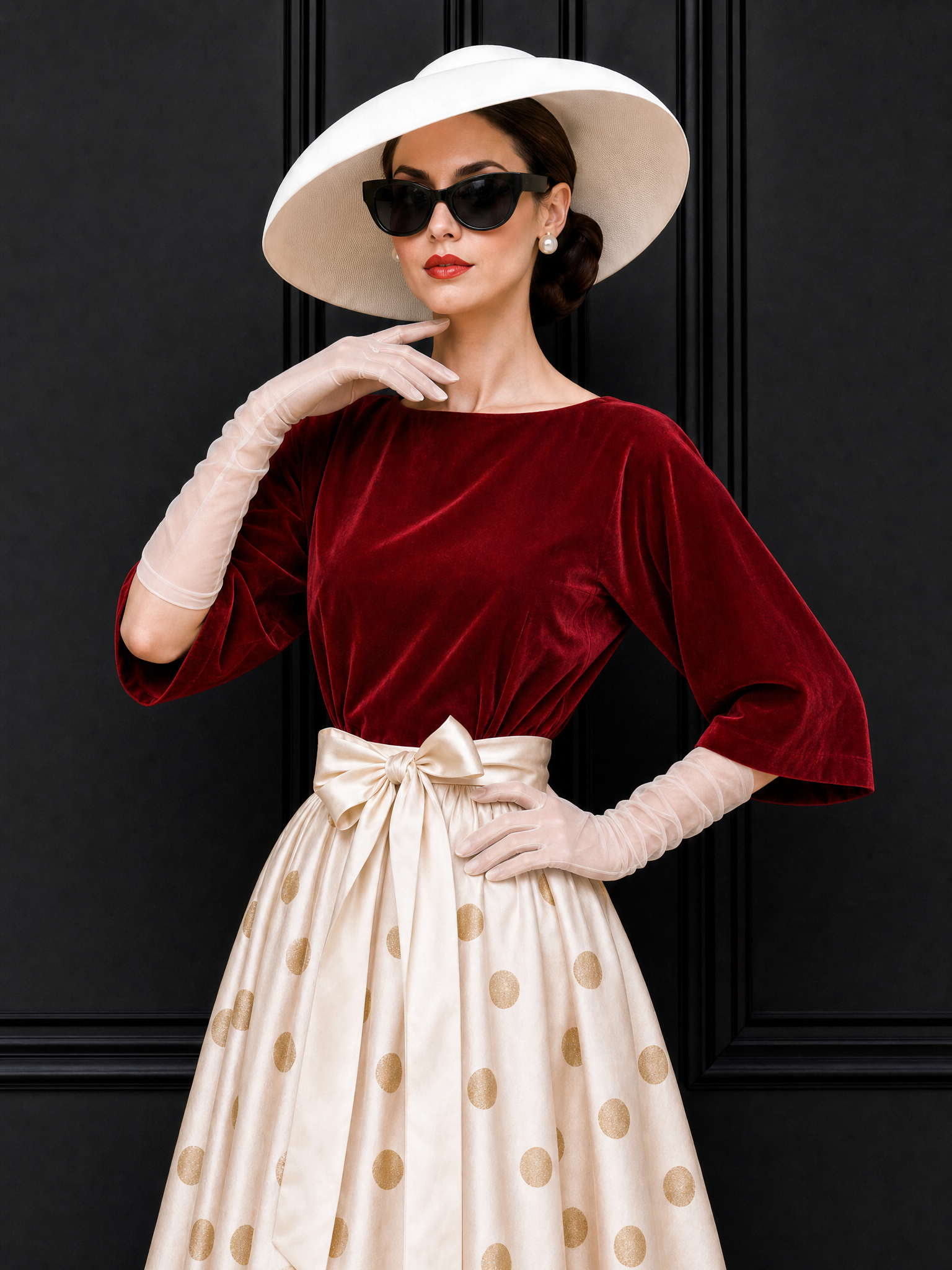 Vintage Polka Dot Velvet Panel Midi Dress