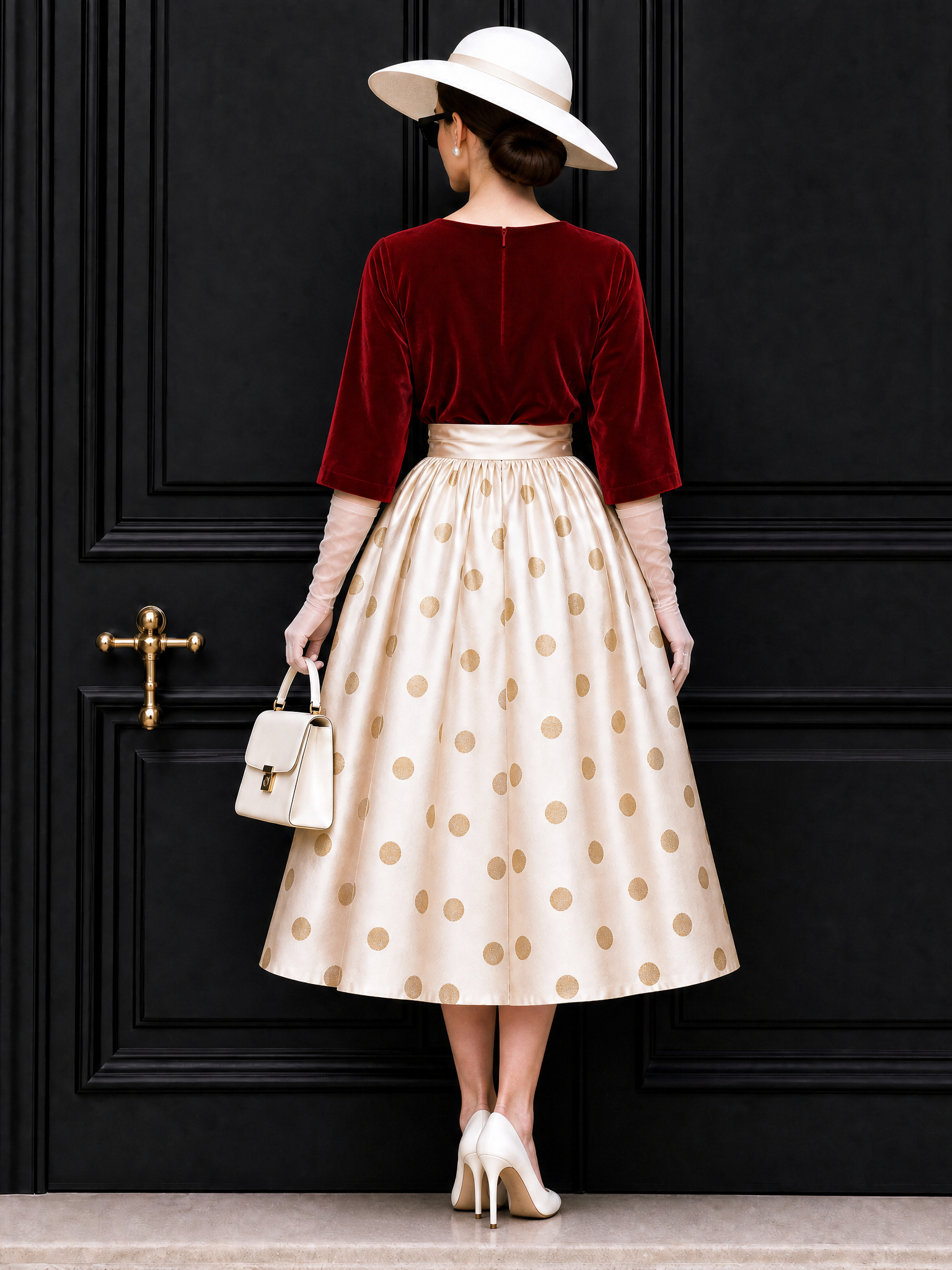 Vintage Polka Dot Velvet Panel Midi Dress