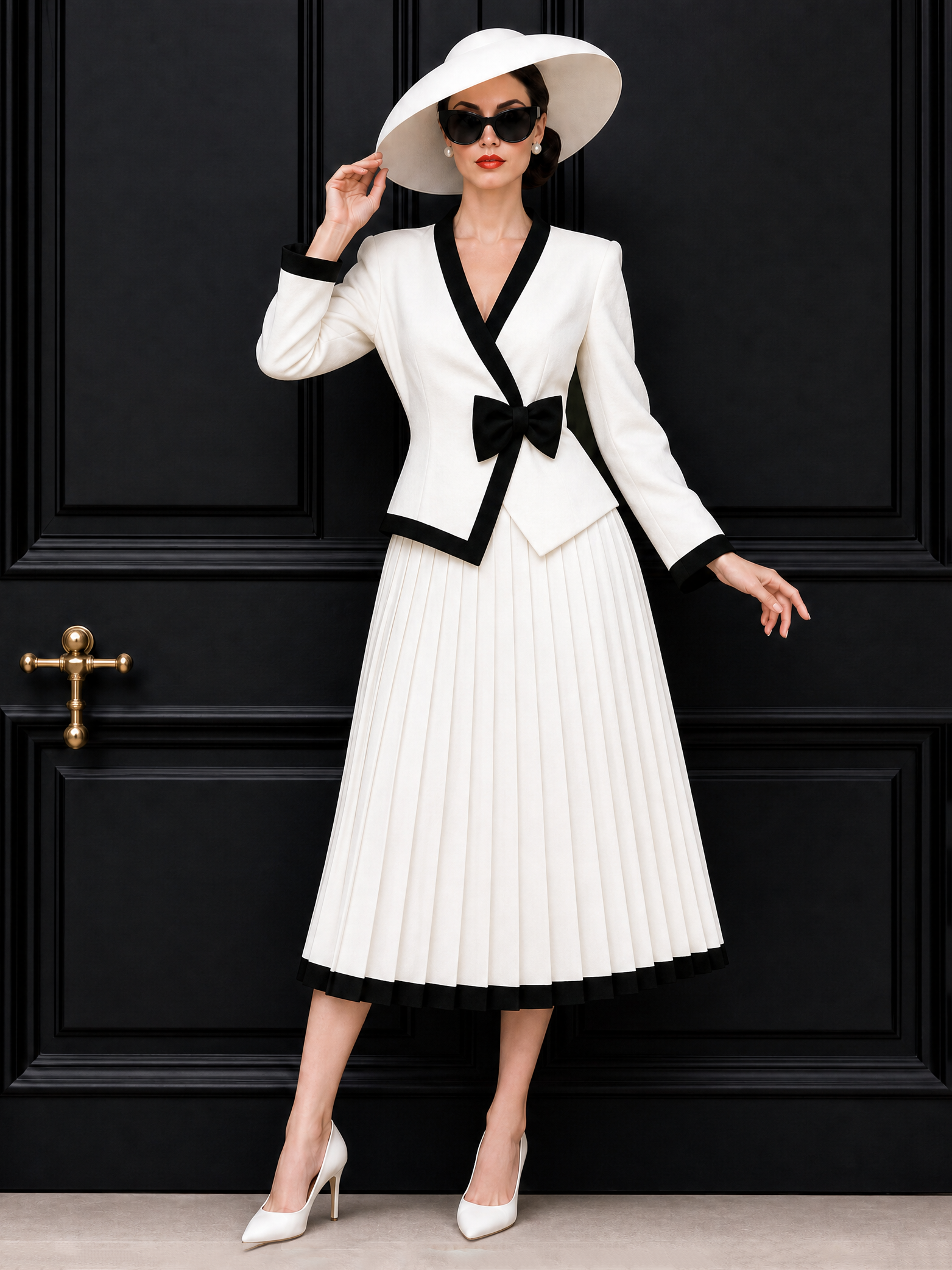 Vintage Color Block Bow Pleated Skirt Set