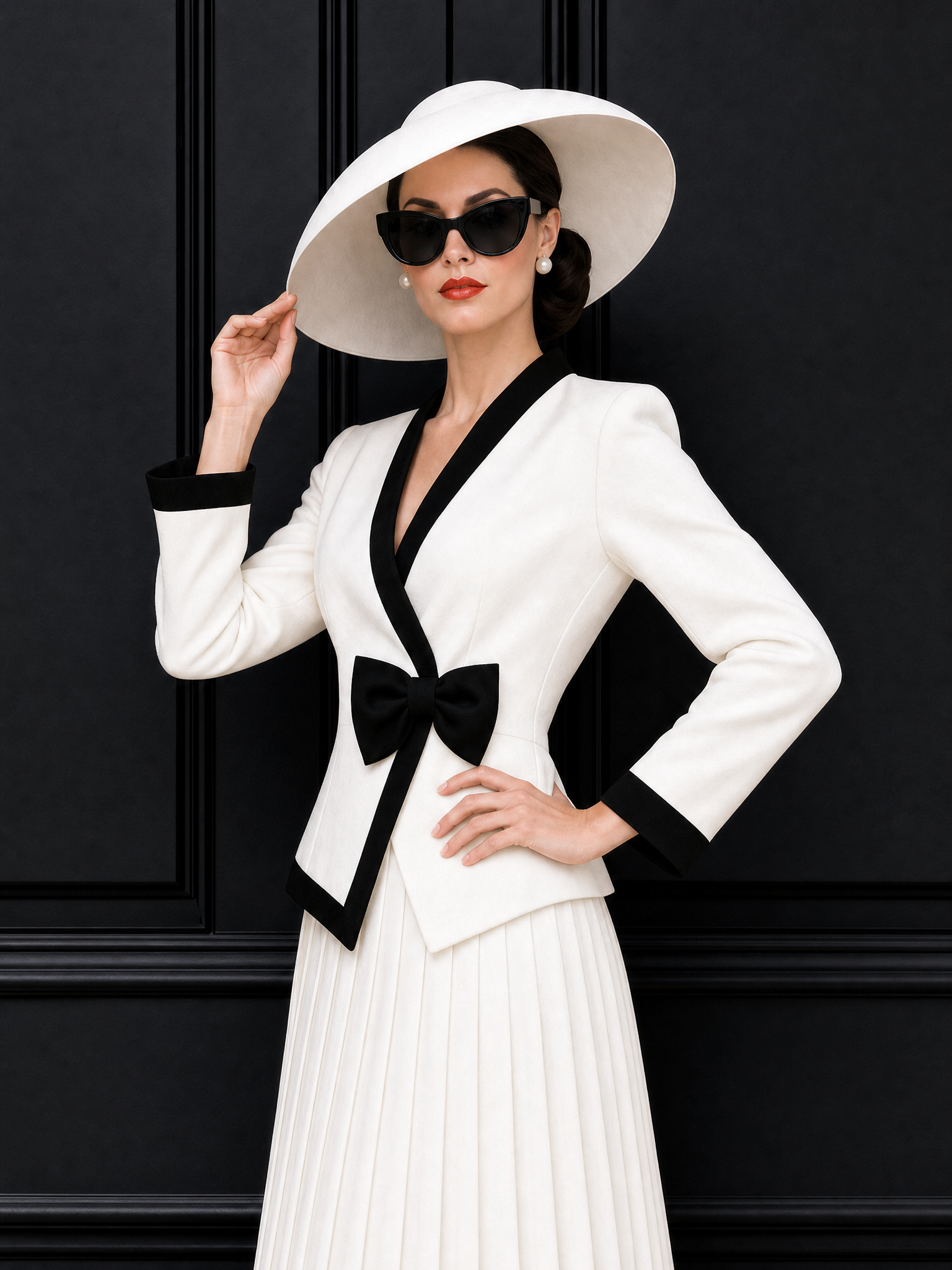 Vintage Color Block Bow Pleated Skirt Set