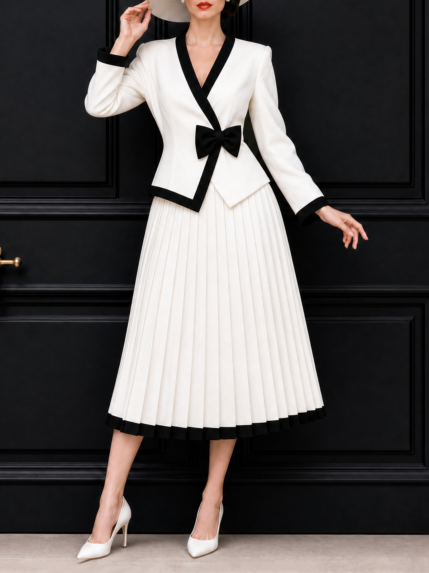 Vintage Color Block Bow Pleated Skirt Set