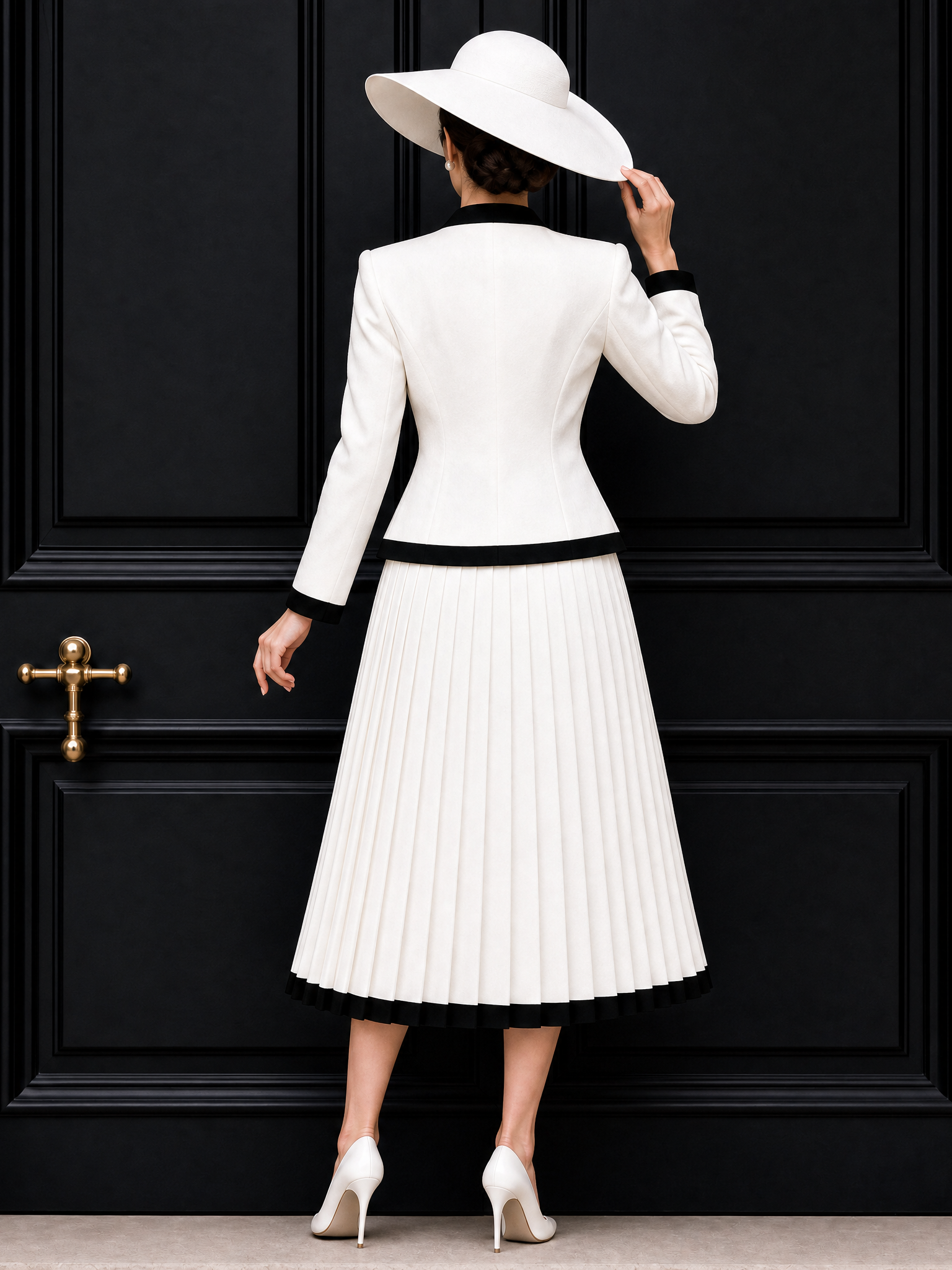 Vintage Color Block Bow Pleated Skirt Set
