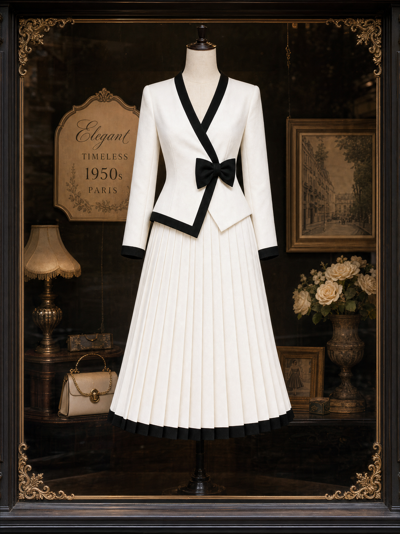 Vintage Color Block Bow Pleated Skirt Set