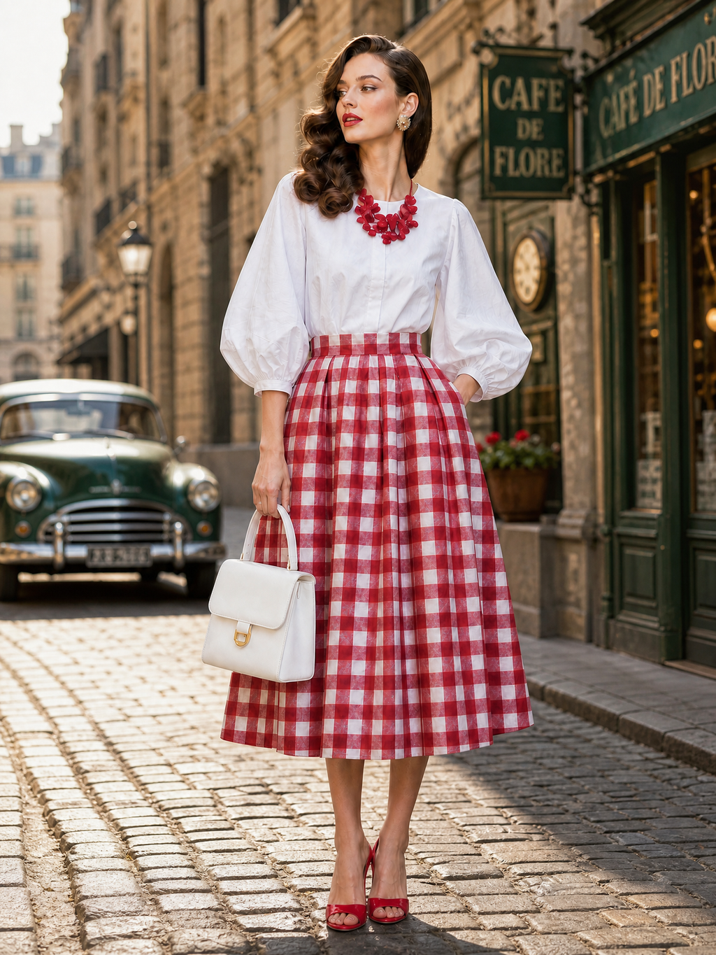 Red Gingham High-Waisted Pleated A-Line Midi Skirt