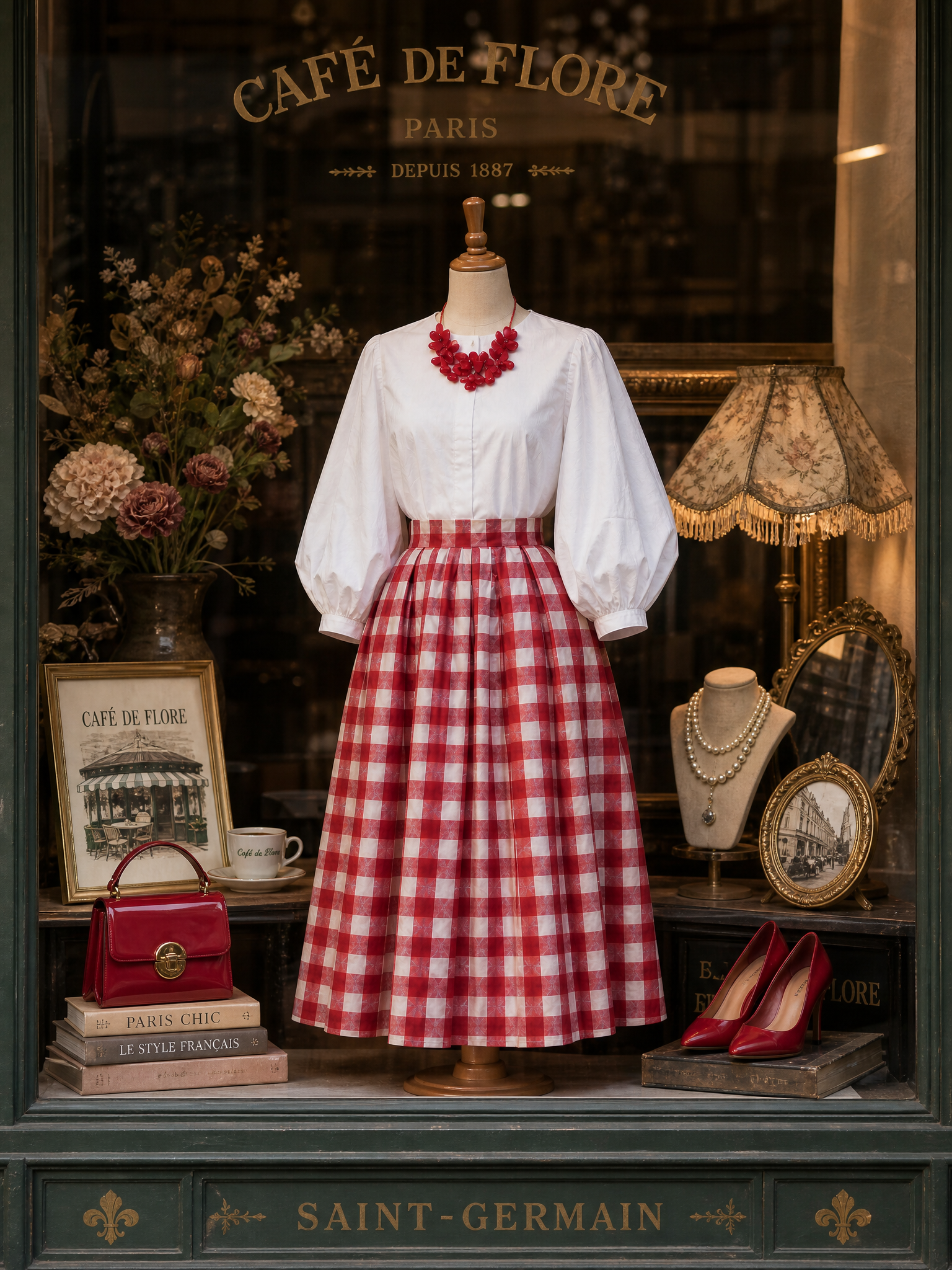 Red Gingham High-Waisted Pleated A-Line Midi Skirt