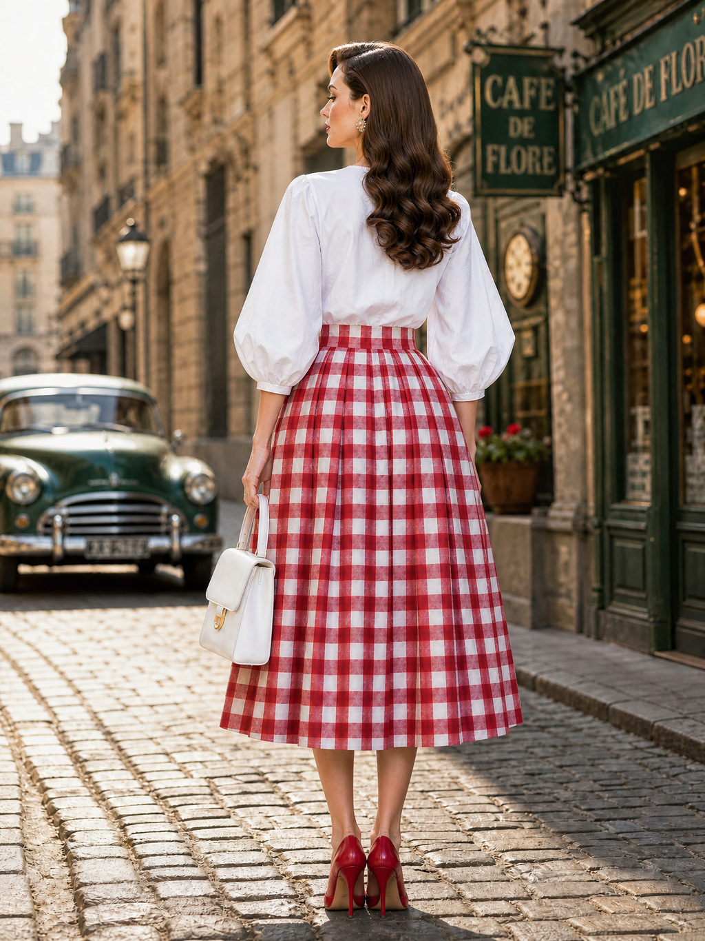 Red Gingham High-Waisted Pleated A-Line Midi Skirt