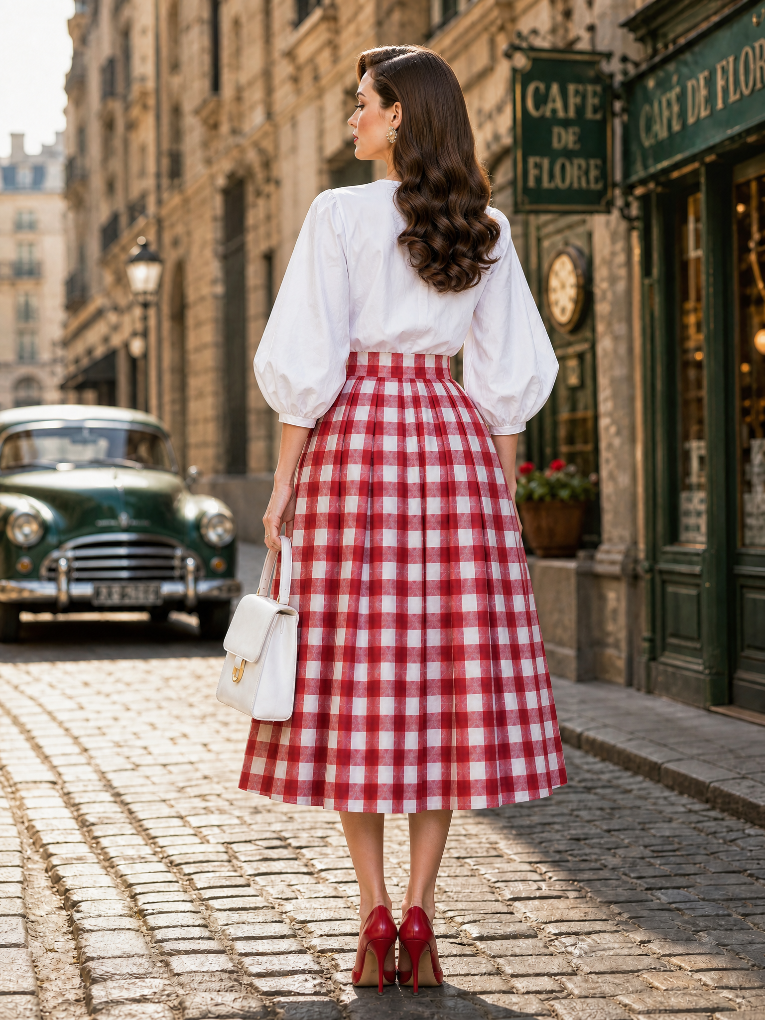 Red Gingham High-Waisted Pleated A-Line Midi Skirt