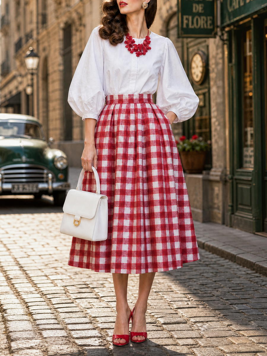 Red Gingham High-Waisted Pleated A-Line Midi Skirt