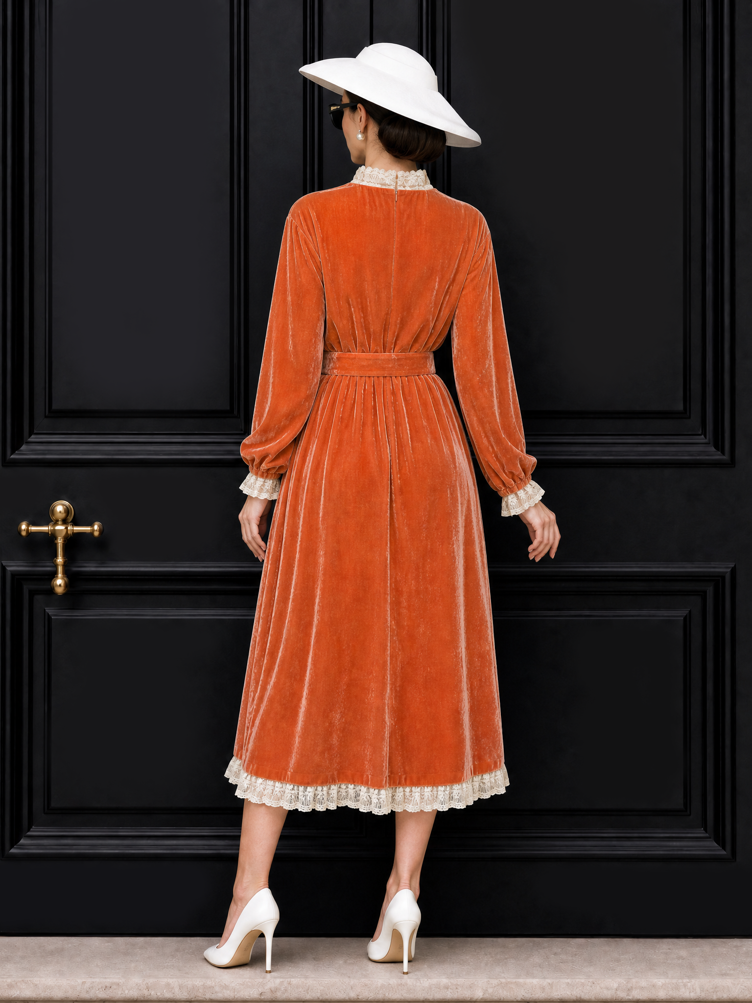 Vintage Velvet Lace Panelled Pearl Belt Midi Dress