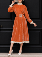 Vintage Velvet Lace Panelled Pearl Belt Midi Dress