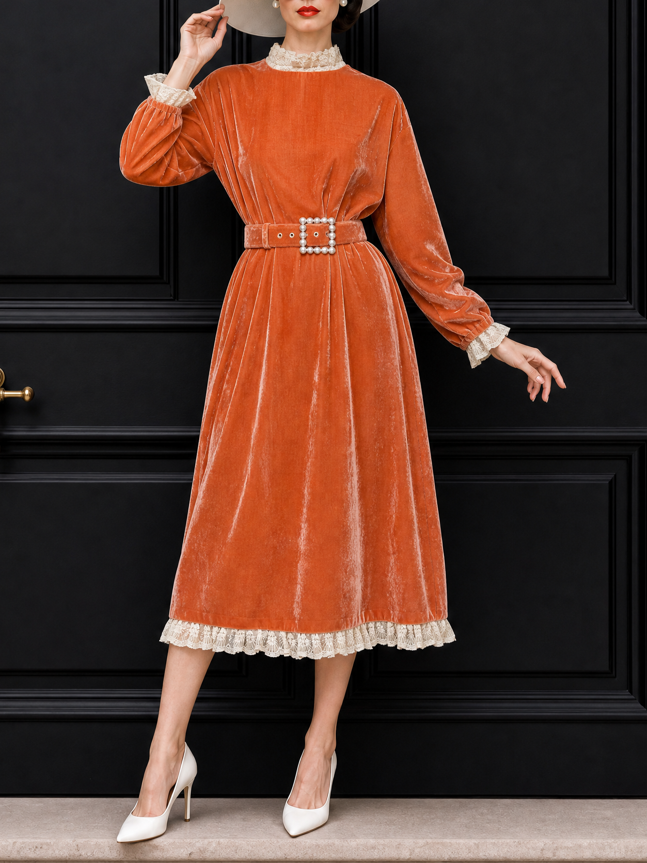 Vintage Velvet Lace Panelled Pearl Belt Midi Dress