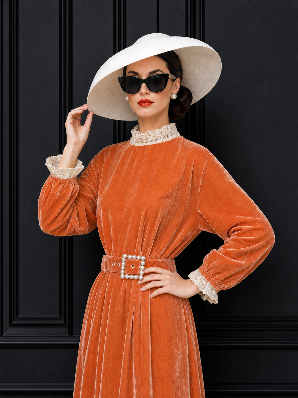 Vintage Velvet Lace Panelled Pearl Belt Midi Dress