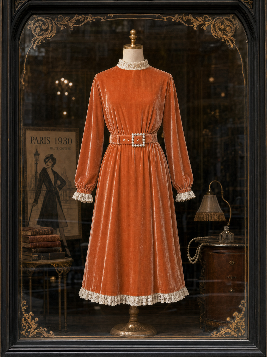 Vintage Velvet Lace Panelled Pearl Belt Midi Dress
