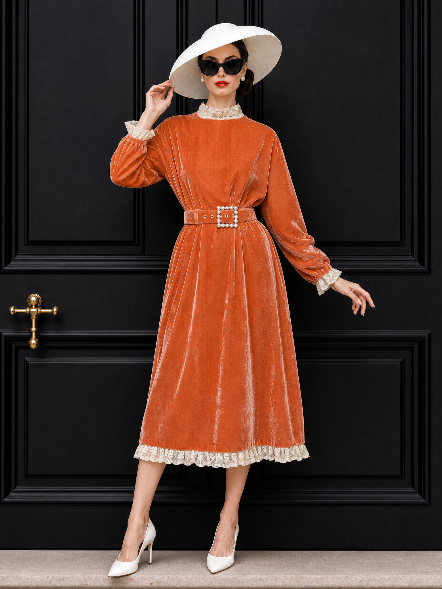 Vintage Velvet Lace Panelled Pearl Belt Midi Dress