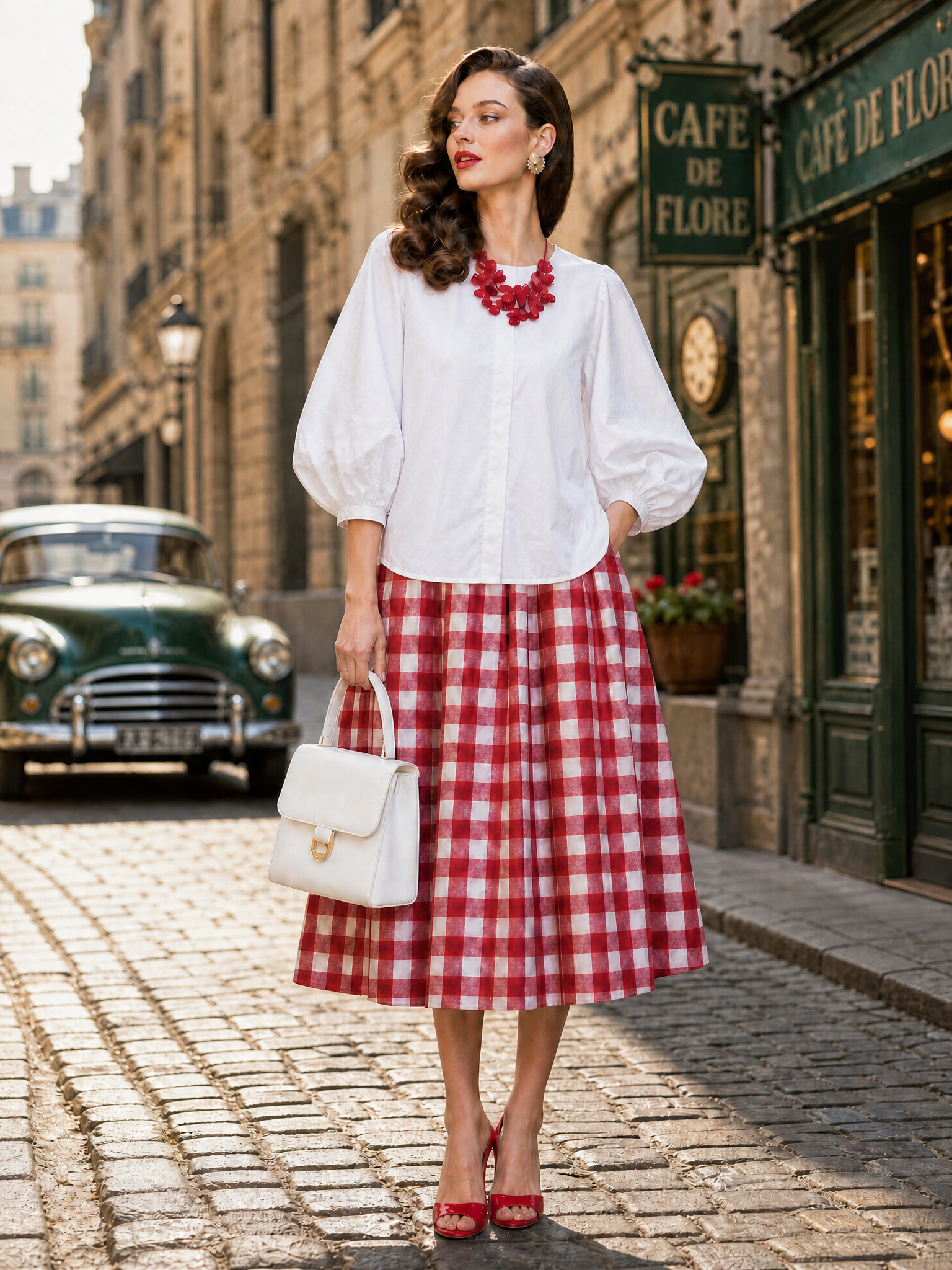 White Puff-Sleeve Round-Neck Cotton Blouse