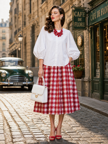 White Puff-Sleeve Round-Neck Cotton Blouse