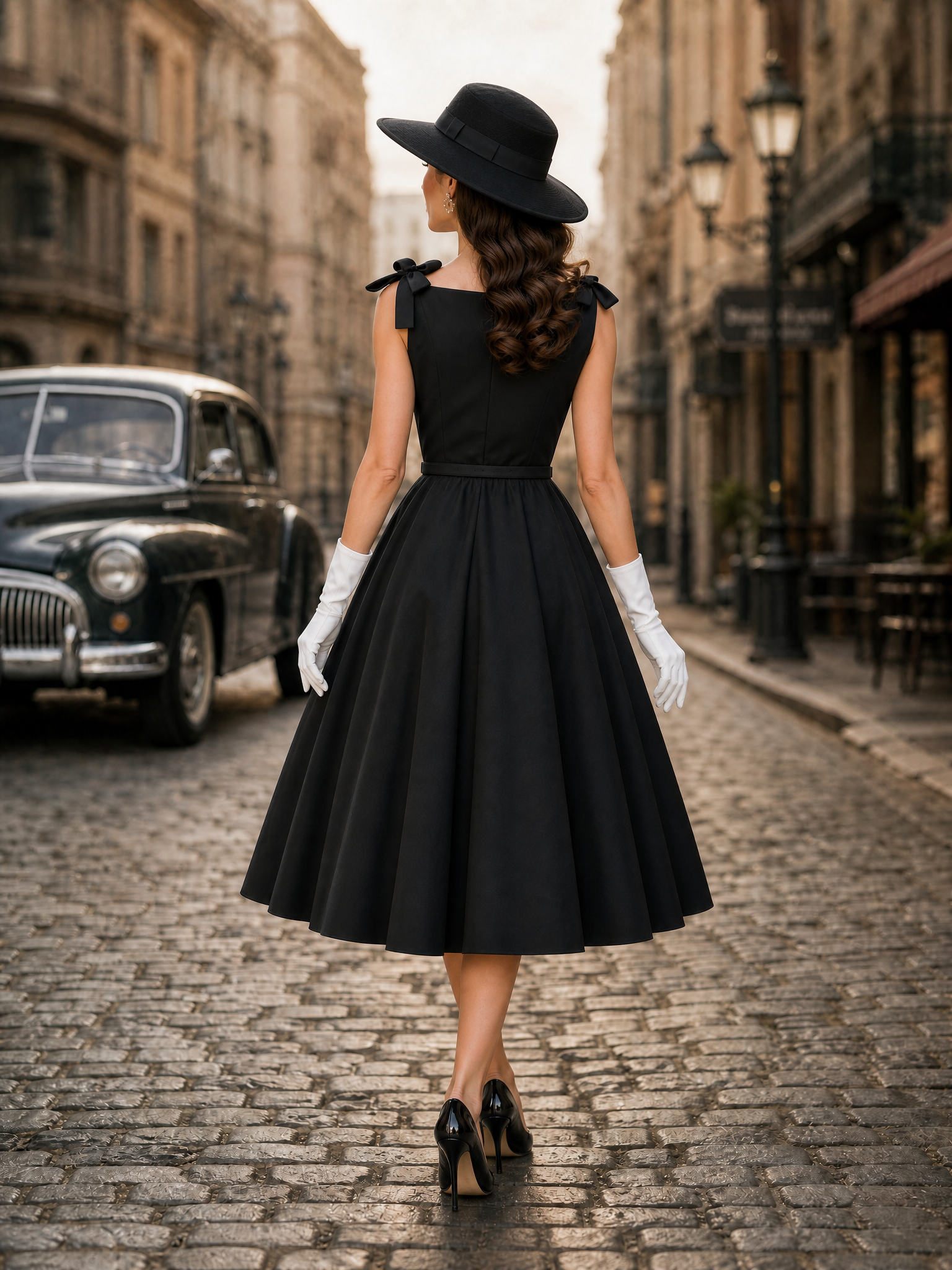 1950s Retro Elegant Black A-Line Cocktail Midi Dress